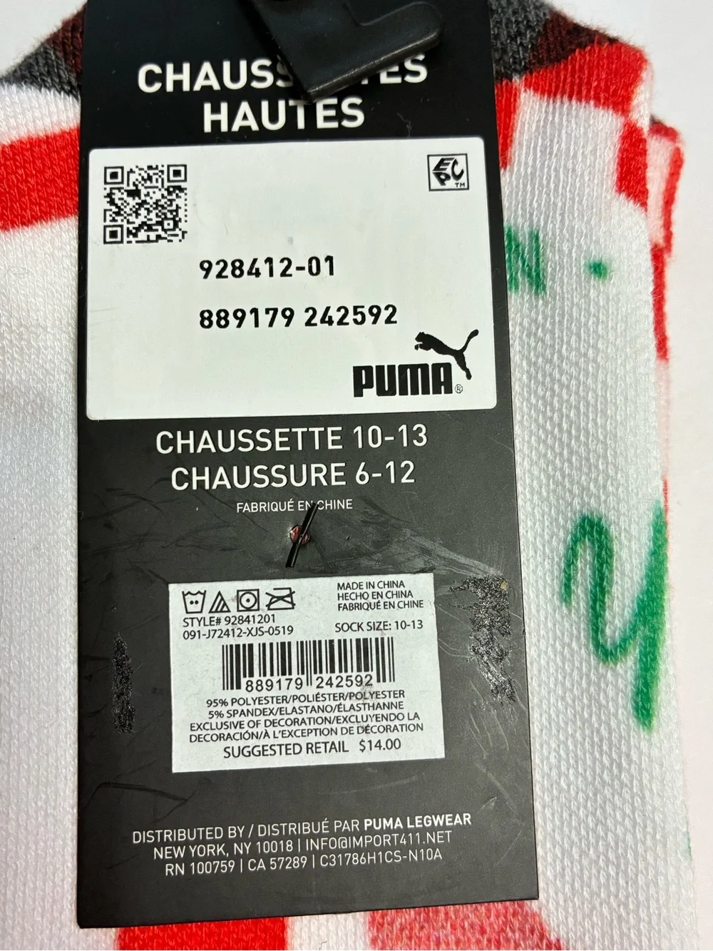 Puma White Crew Socks with Green & Red Accent size 10-13